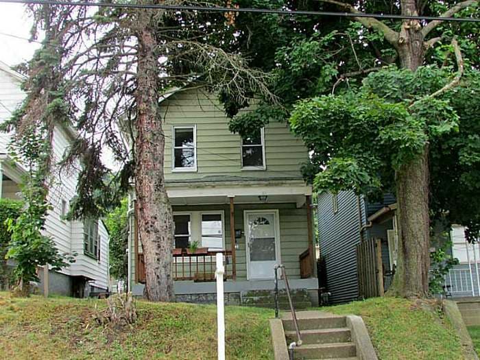 Front of the green two-story house framed by large trees before renovation