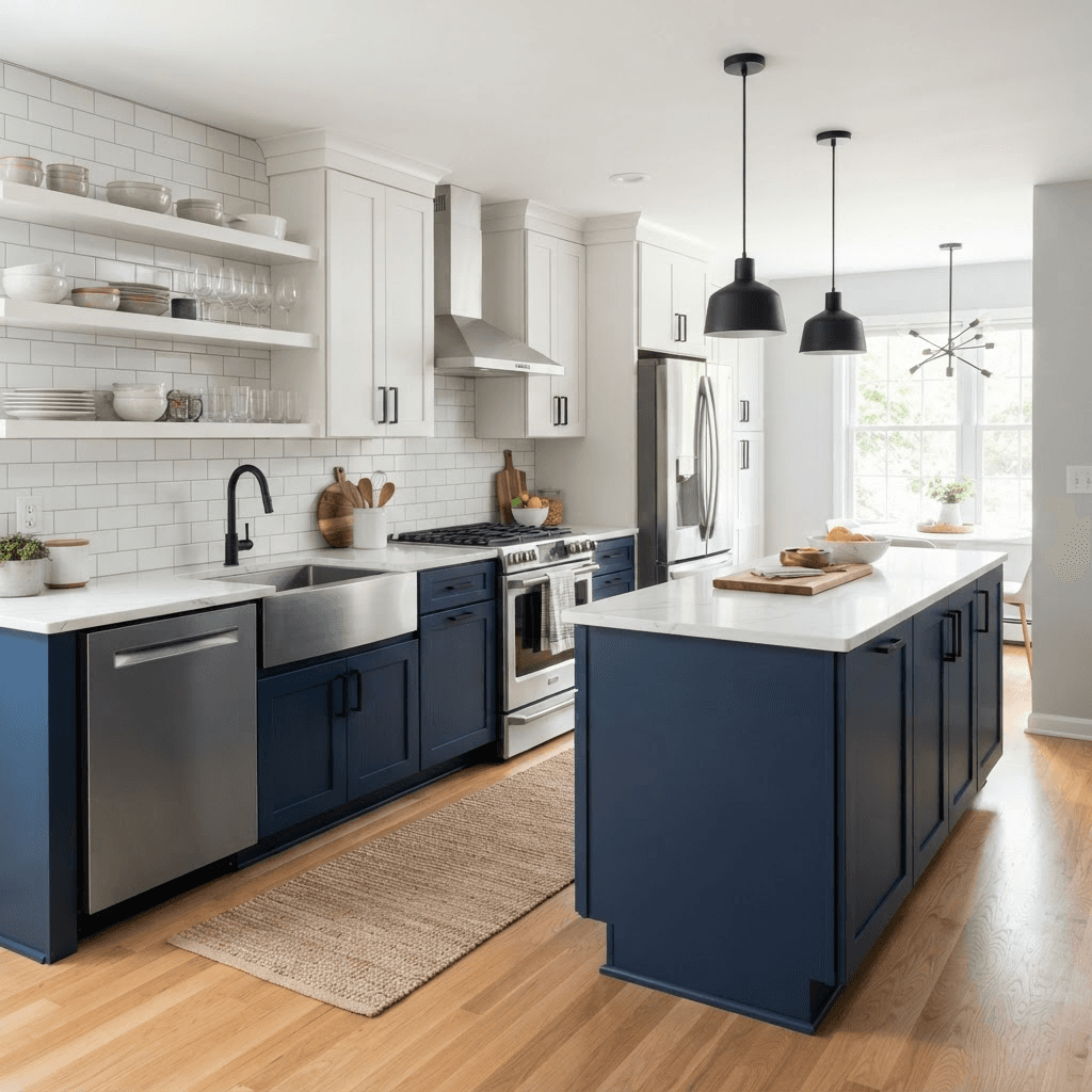 After: the same kitchen with navy lower cabinets, soft white uppers, and matte black hardware