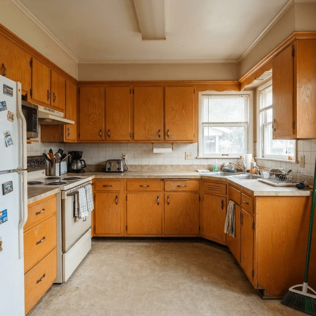 Before: a dated kitchen with orange-toned honey oak cabinets and old brass knobs