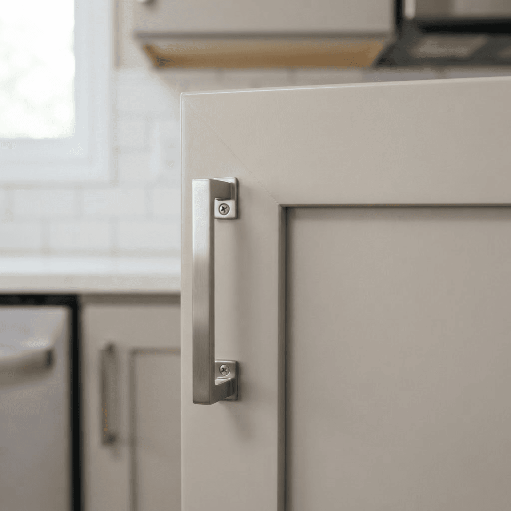 Close-up of a shaker cabinet door with a smooth satin greige finish and a new brushed nickel pull