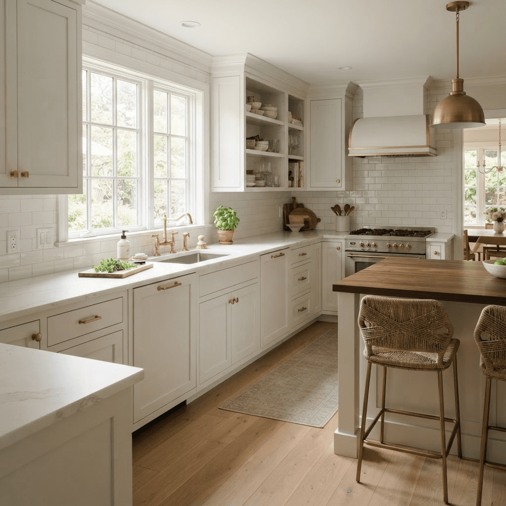 A remodeled kitchen with cabinets refinished in smooth satin white and brushed brass hardware