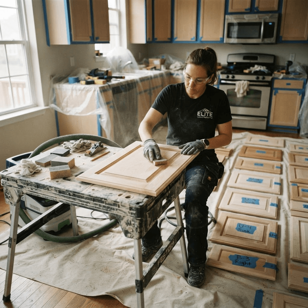 A crew member hand-sanding a cabinet door during prep, with labeled doors and drawer fronts laid out