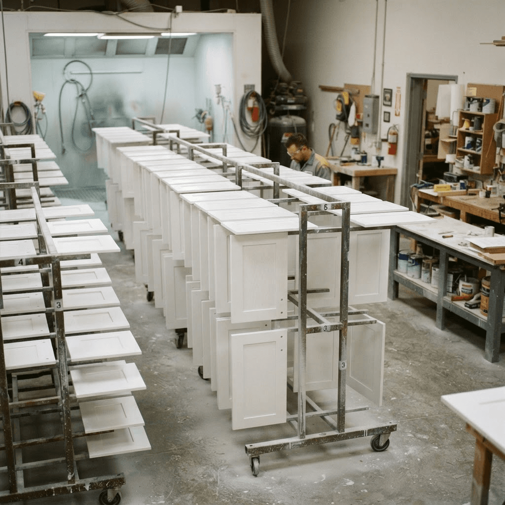 Freshly sprayed white cabinet doors drying on racks with a smooth, even finish