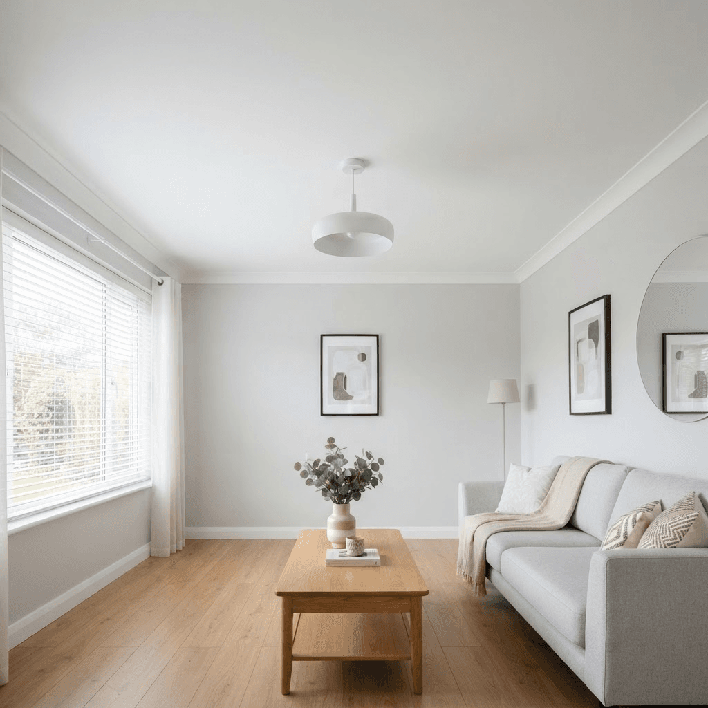After: the same ceiling now smooth, flat, and freshly painted matte white with crisp edges