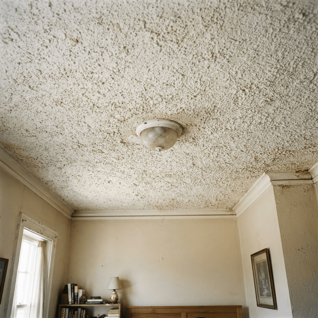 Before: a dated ceiling covered in bumpy, slightly yellowed popcorn acoustic texture