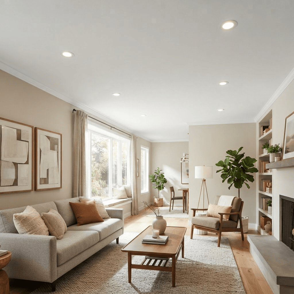 A bright living room with a freshly smoothed, flat white ceiling after popcorn texture removal