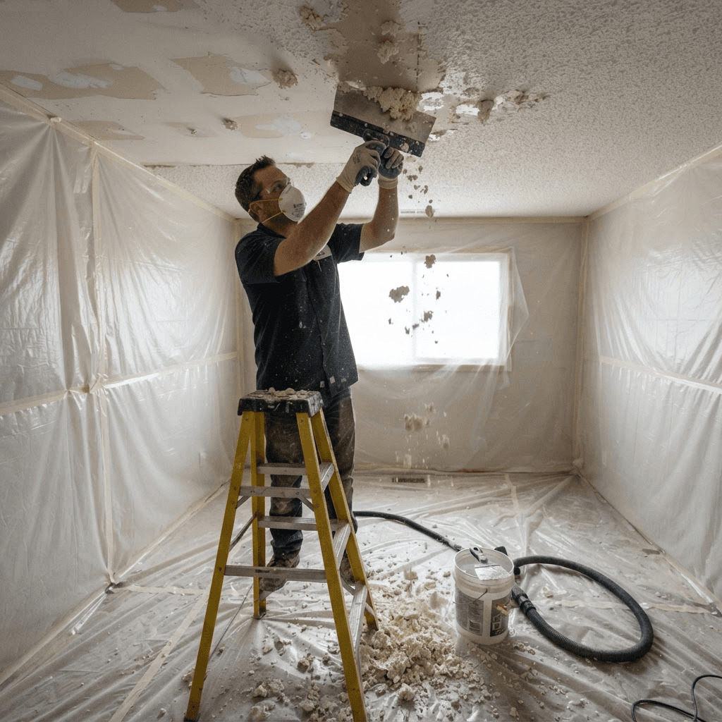 A contractor in a dust mask scraping popcorn texture off a ceiling in a room fully covered in plastic sheeting