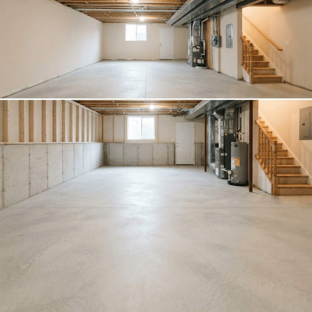 After: the same basement cleared out, swept clean, and open