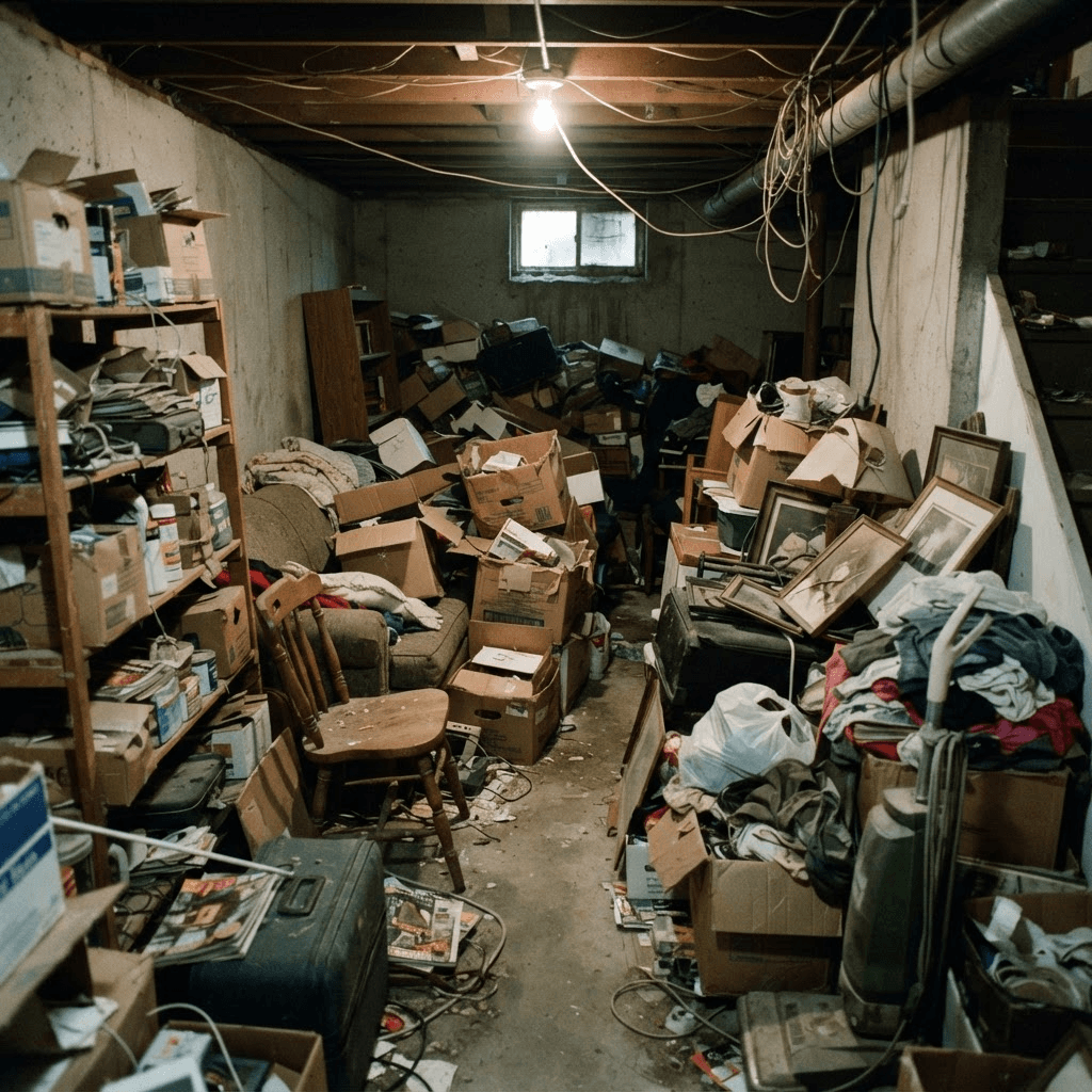 Before: a cluttered basement packed with old boxes, furniture, and stored junk