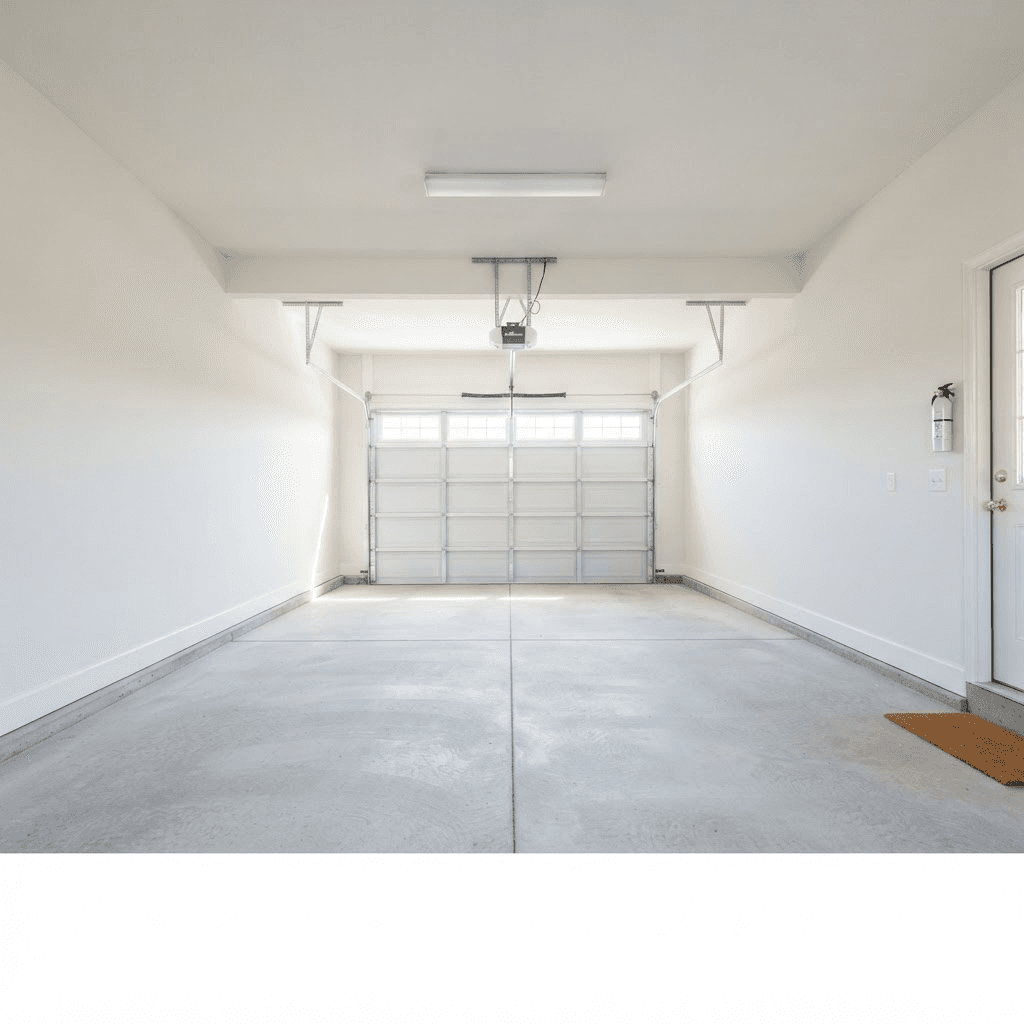 A freshly cleared, clean and empty two-car garage with a swept floor
