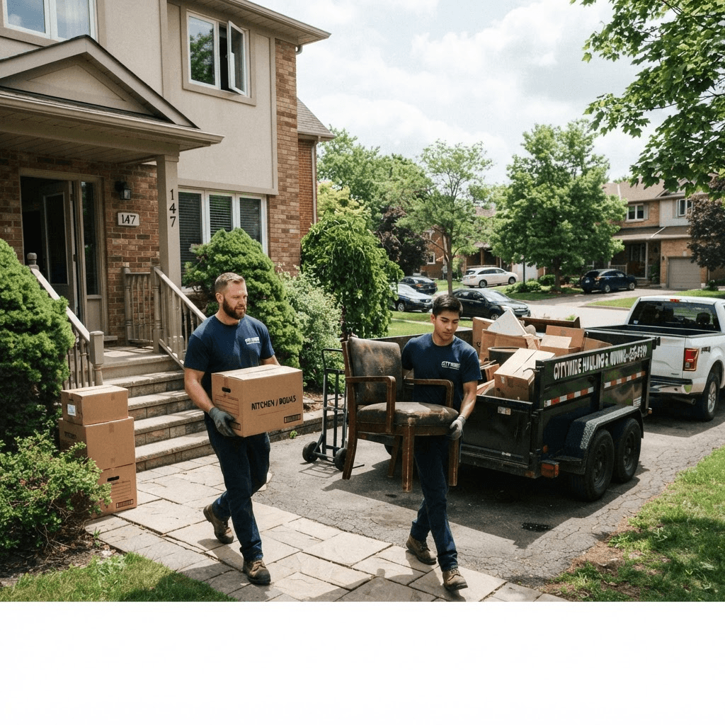 Two workers carrying boxes and old furniture out of a home toward a hauling trailer