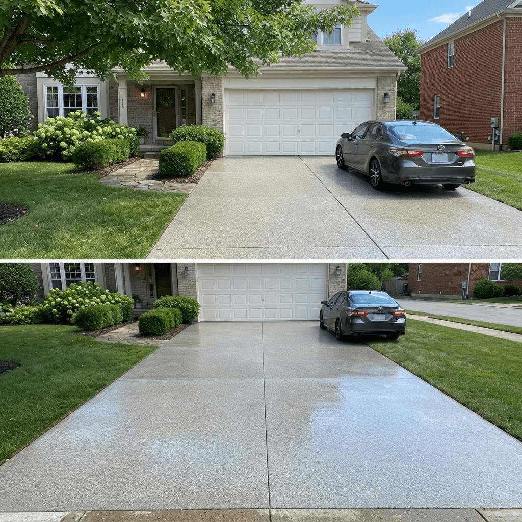 After: the same driveway power washed clean and evenly sealed