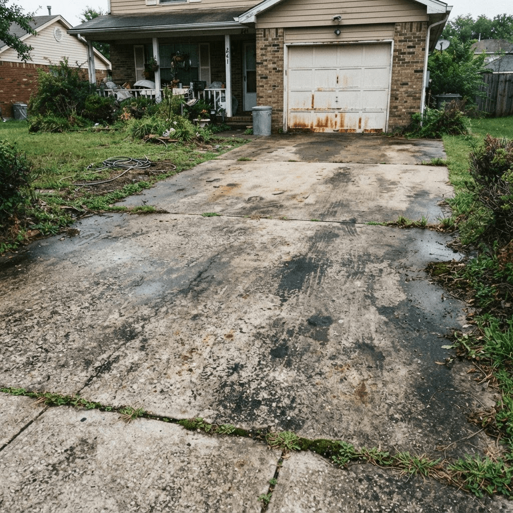 Before: a dirty, stained concrete driveway with dark grime and mildew
