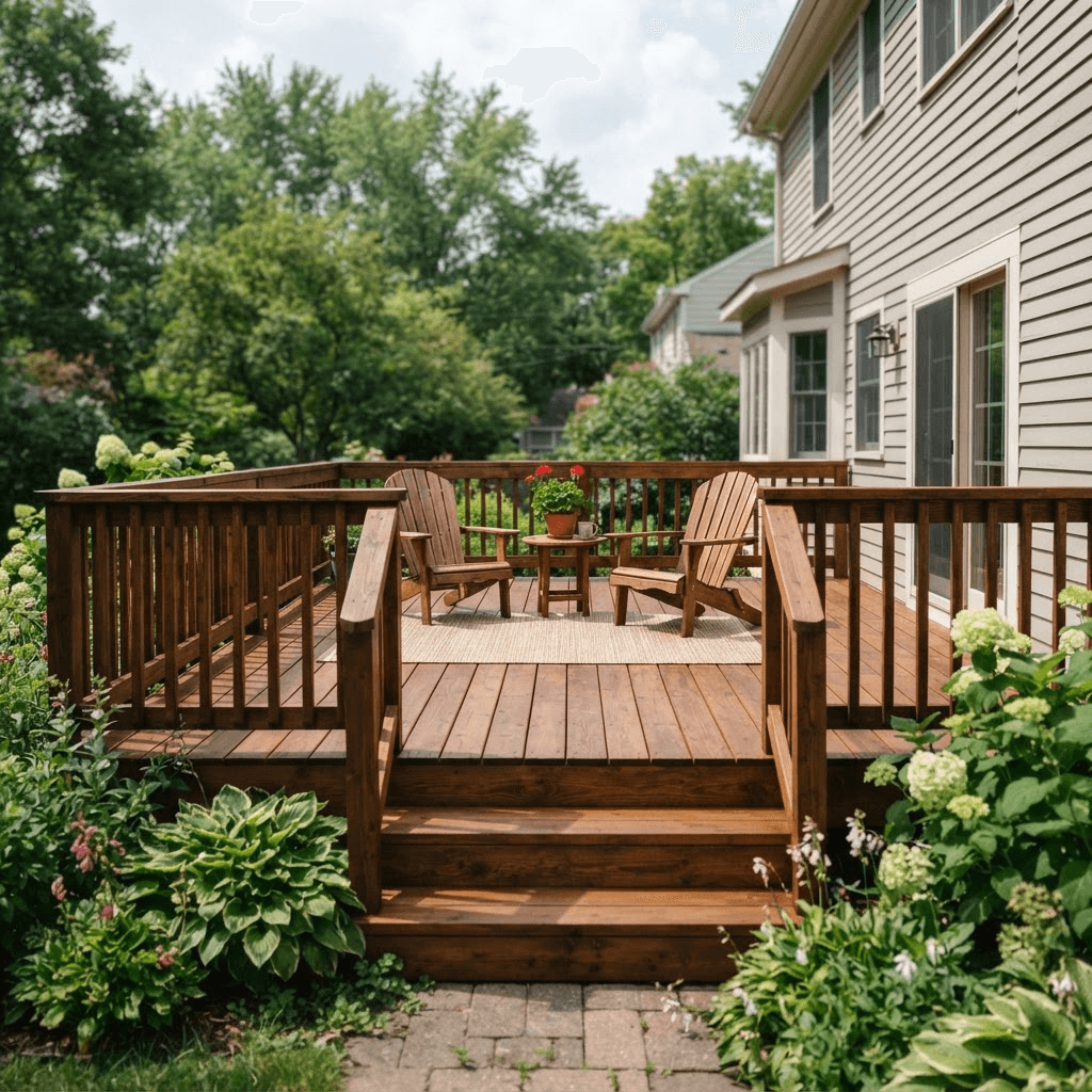 After: the same deck freshly washed and stained a rich warm brown