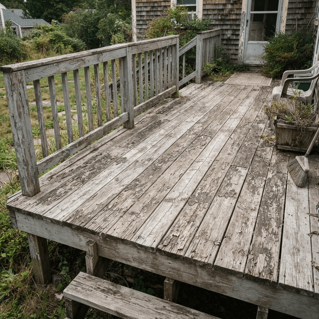 Before: a weathered, faded gray wood deck with dry, worn boards