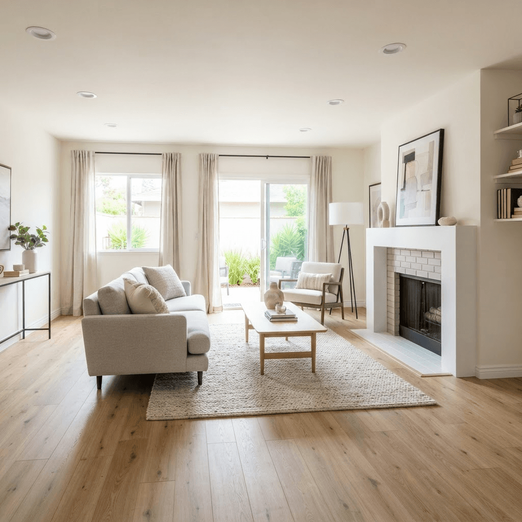 After: the same room with new wide-plank light oak luxury vinyl flooring