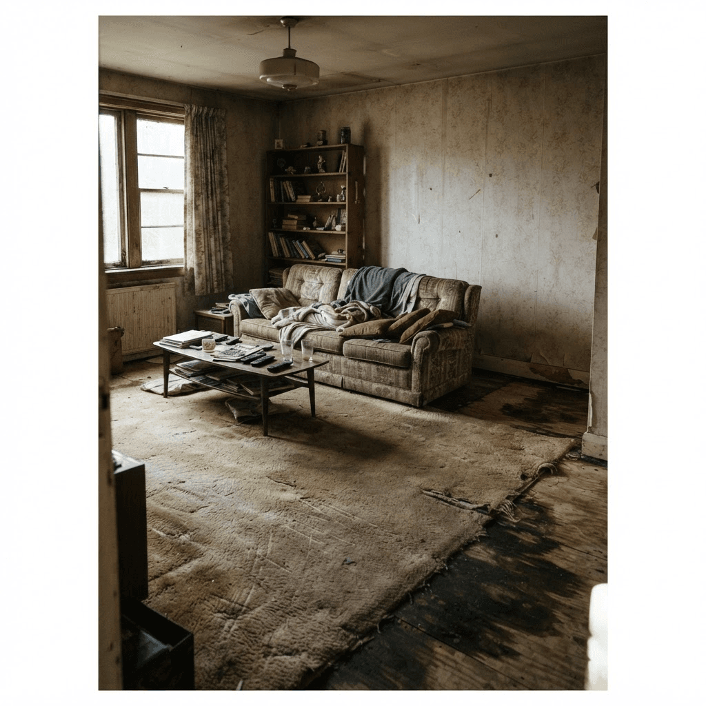 Before: a living room with worn, faded, stained old carpet