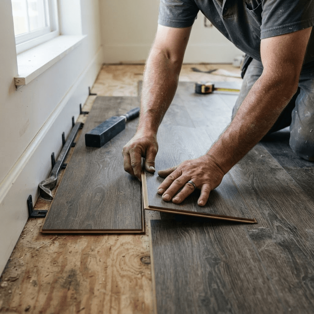 An installer clicking a luxury vinyl plank into place with spacers along the wall