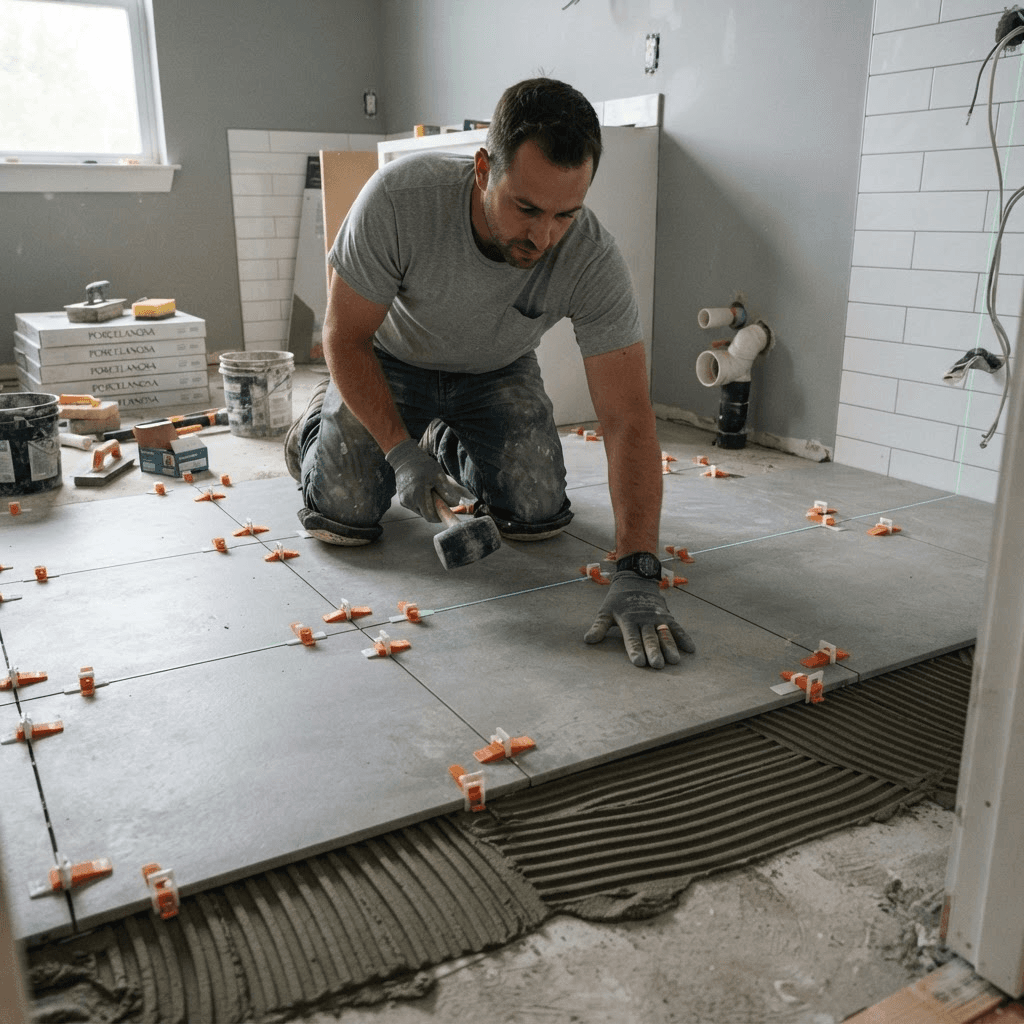 Large-format porcelain tile being installed level over a prepped substrate
