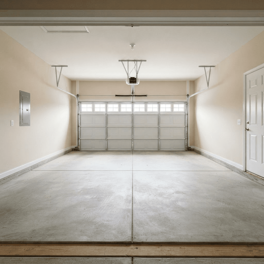 After: the same garage cleared out, swept clean, and open enough to park in