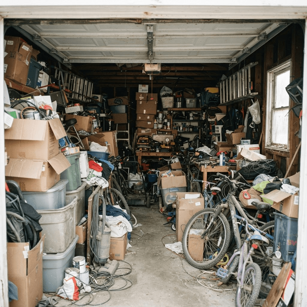 Before: a two-car garage packed with boxes, bikes, tools, and stored junk