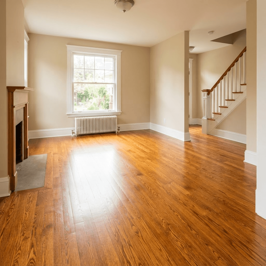 After: the same oak floor refinished with a rich warm satin stain and flawless surface