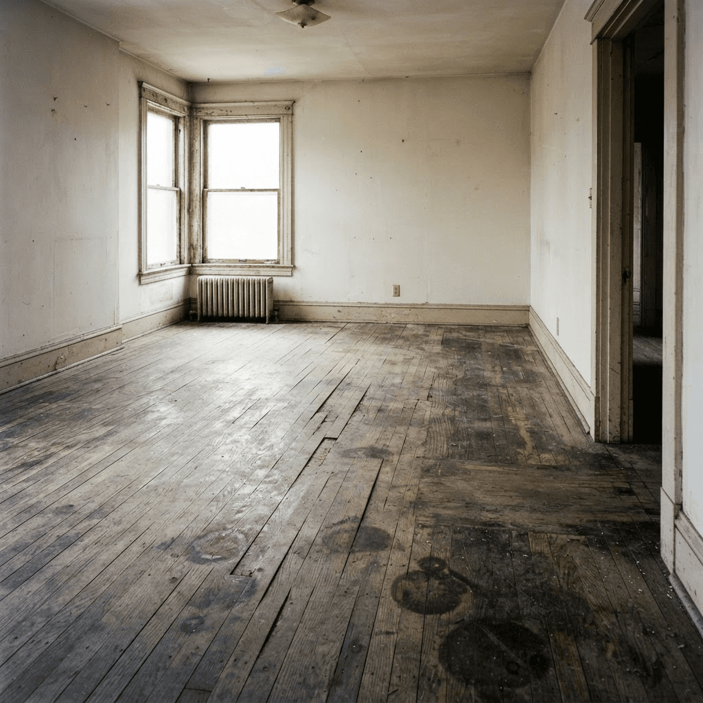 Before: a worn hardwood floor with scratches, gray dull finish, and worn traffic paths