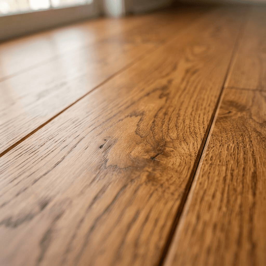 Close-up of a refinished oak board showing crisp grain and an even satin topcoat