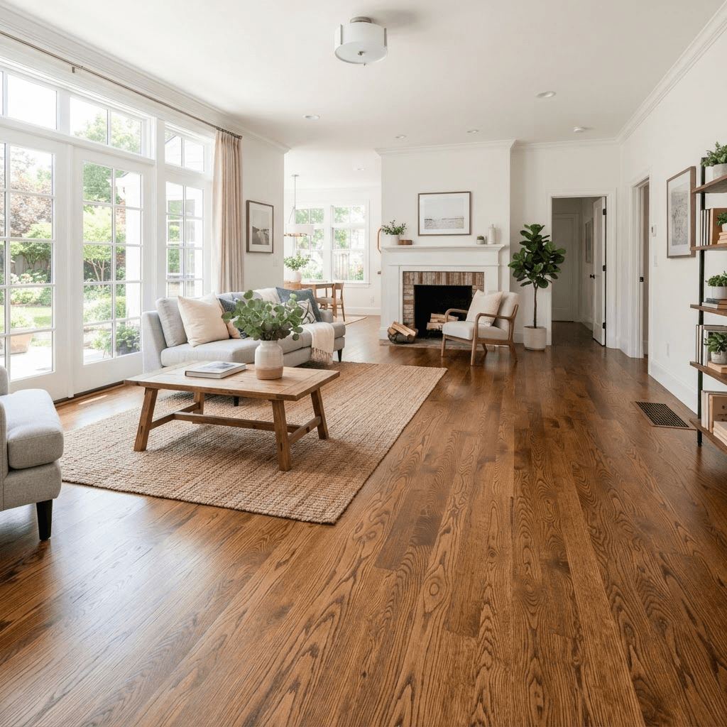 A freshly refinished solid oak hardwood floor with a rich warm satin finish in a sunlit living room