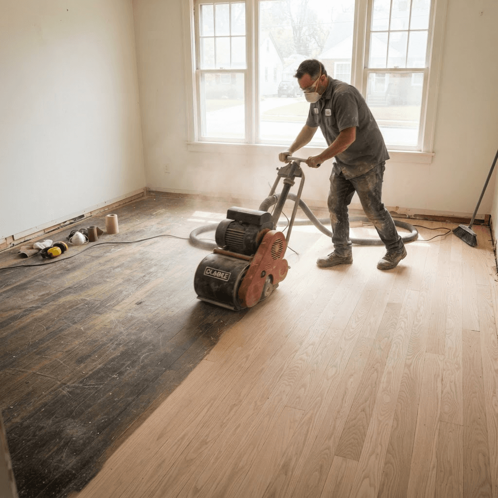 A worker running a drum sander over an old hardwood floor, half sanded to raw wood and half still worn