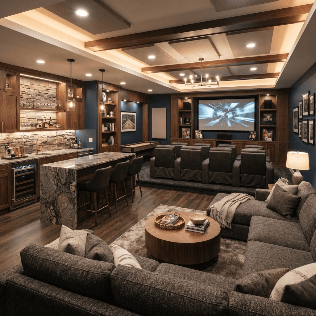 Finished basement with a home theater lounge, wet bar, and warm recessed lighting