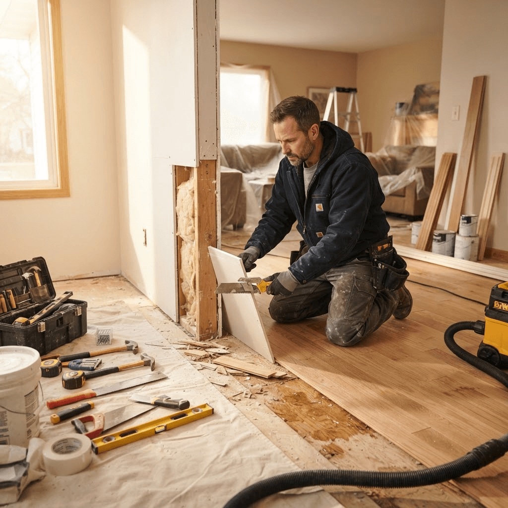 Contractor repairing and restoring a home interior after water damage