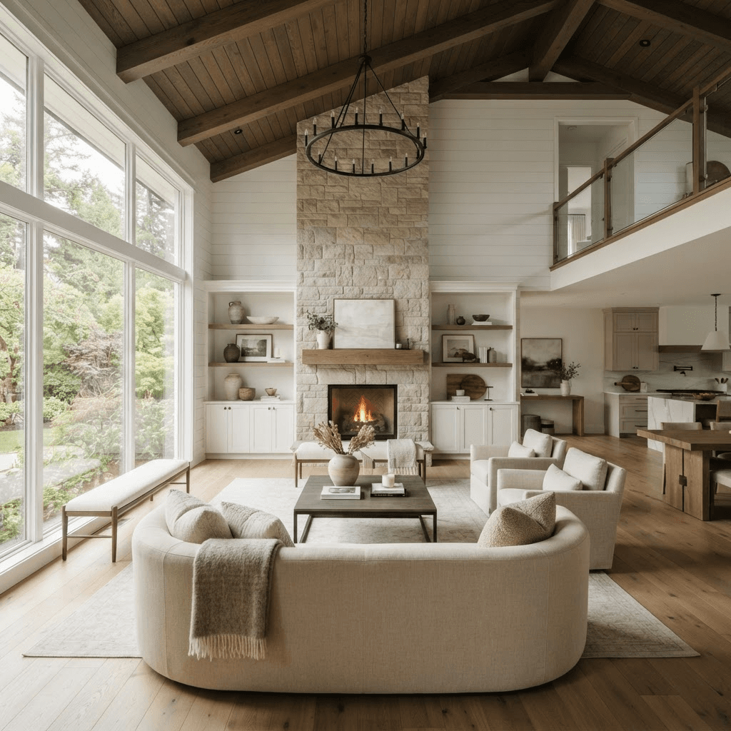 Open-concept whole-home renovation with vaulted ceilings, exposed wood beams, and oak floors
