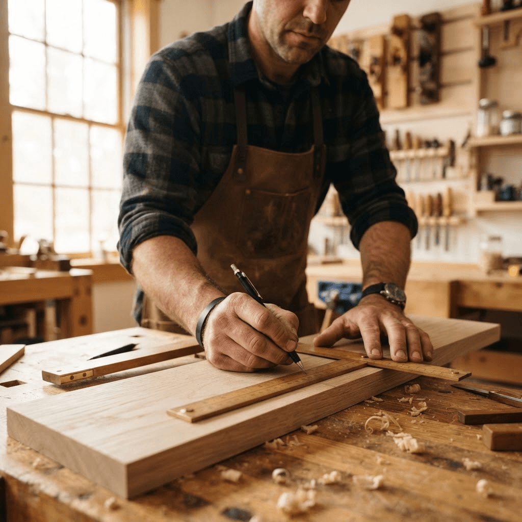 A carpenter measuring white oak lumber in the workshop