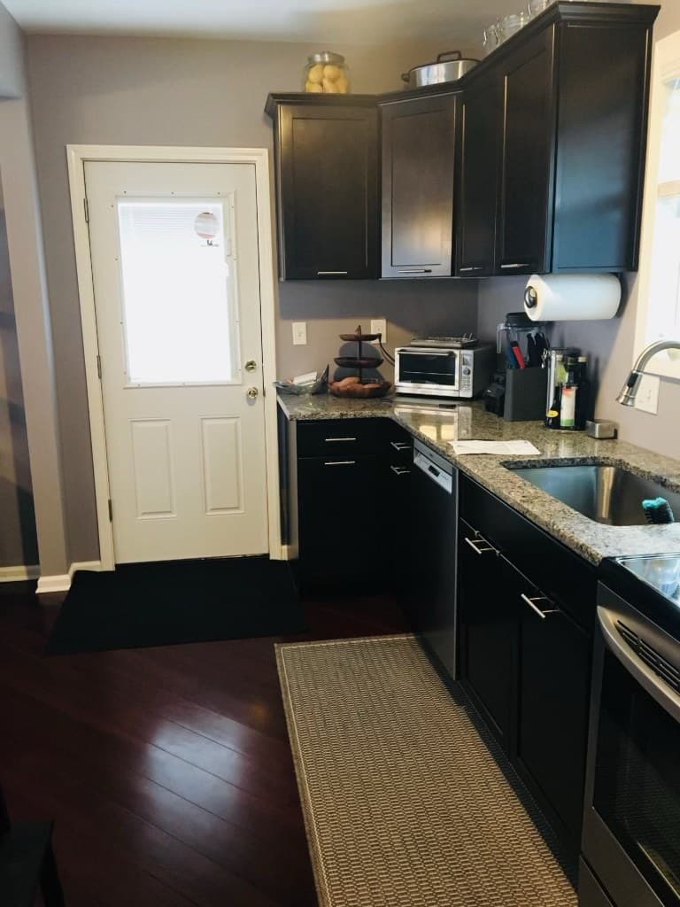 Renovated kitchen corner with a new white rear door, dark cabinets, and hardwood floors