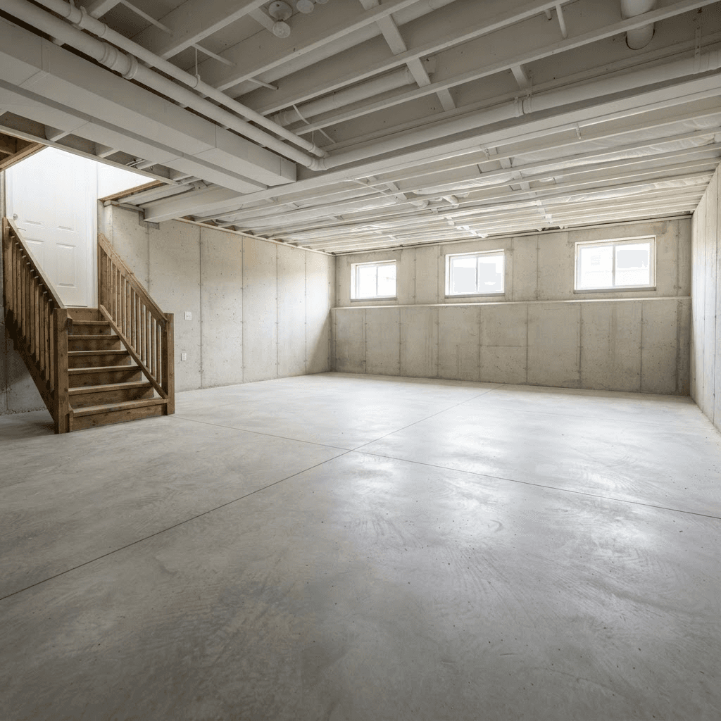 A freshly cleared, clean and empty residential basement with a swept concrete floor