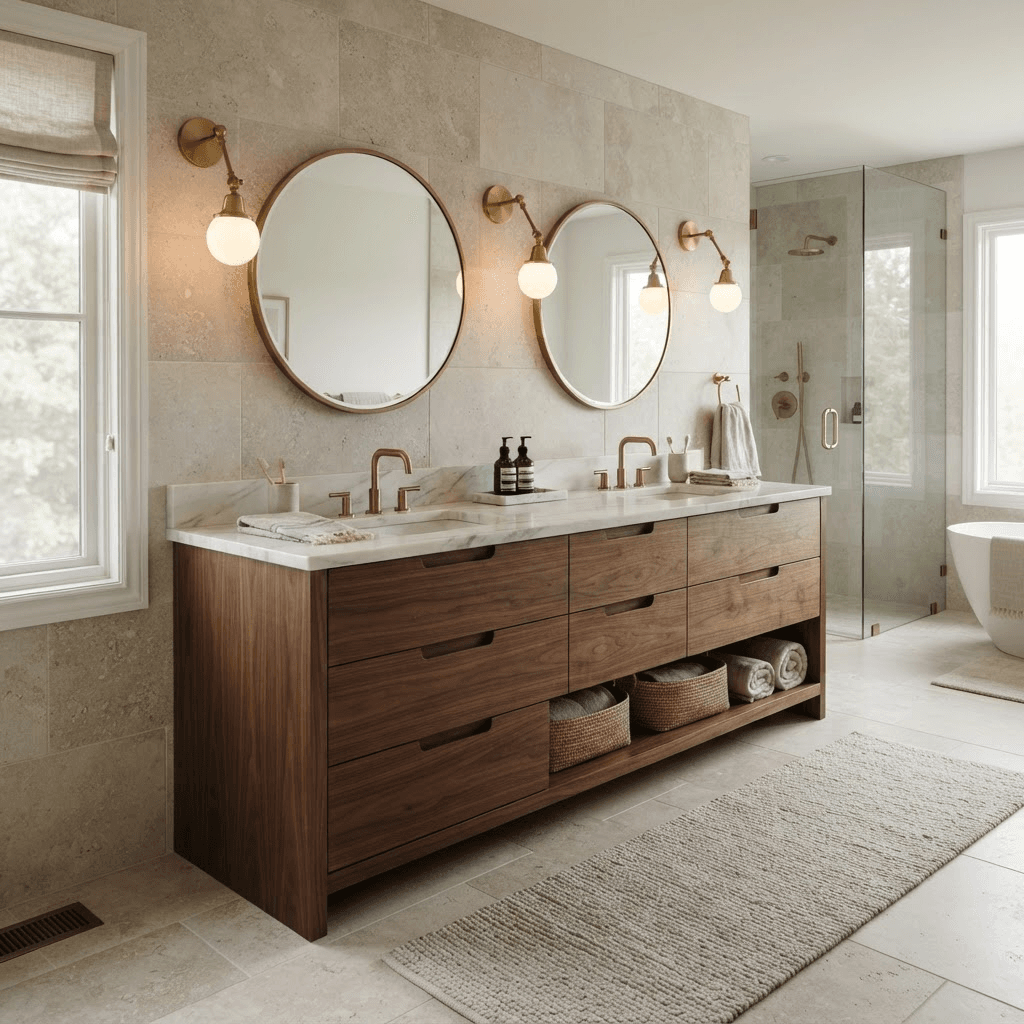 Custom double vanity with walnut cabinetry, marble counter, and brass sconces