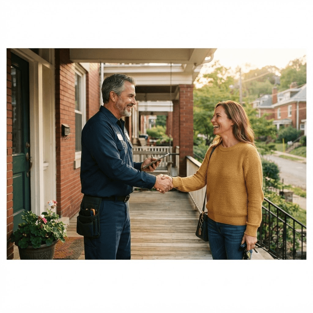 A local remodeling contractor greeting a homeowner outside a Pittsburgh-area home