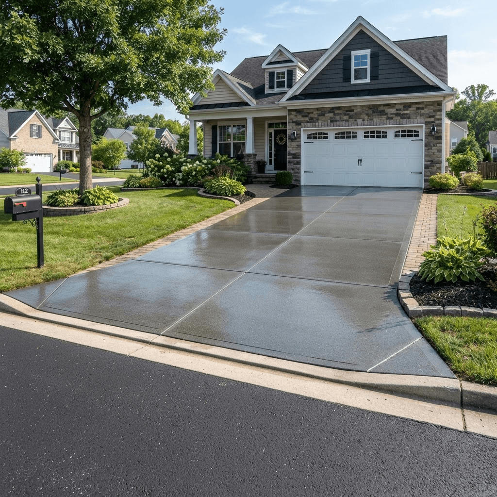 A freshly power-washed and sealed concrete driveway with a clean, even finish in front of a home