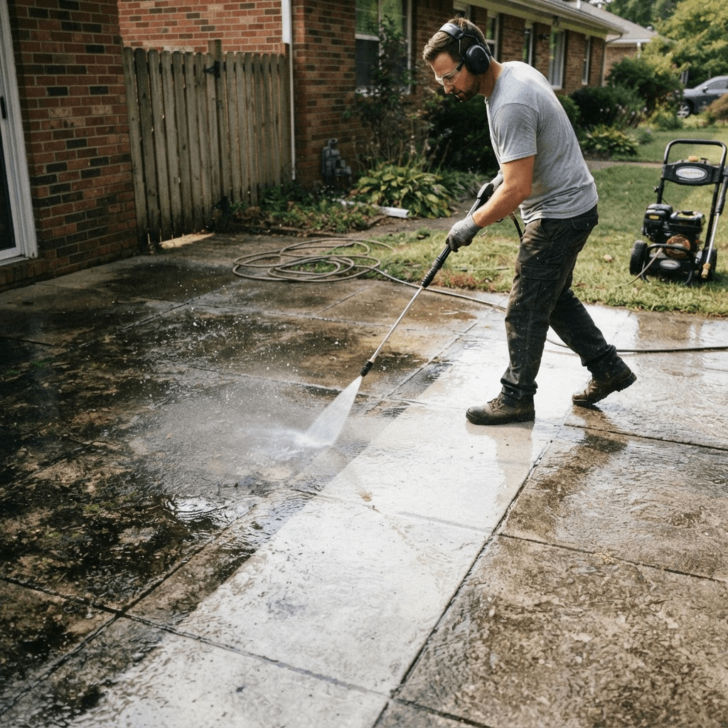 A worker power washing a concrete patio, with a bright clean strip next to the dirty gray surface
