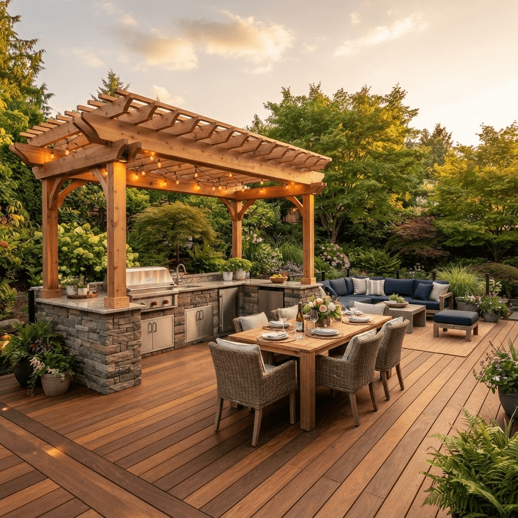 Cedar pergola over an outdoor kitchen and dining area with string lights
