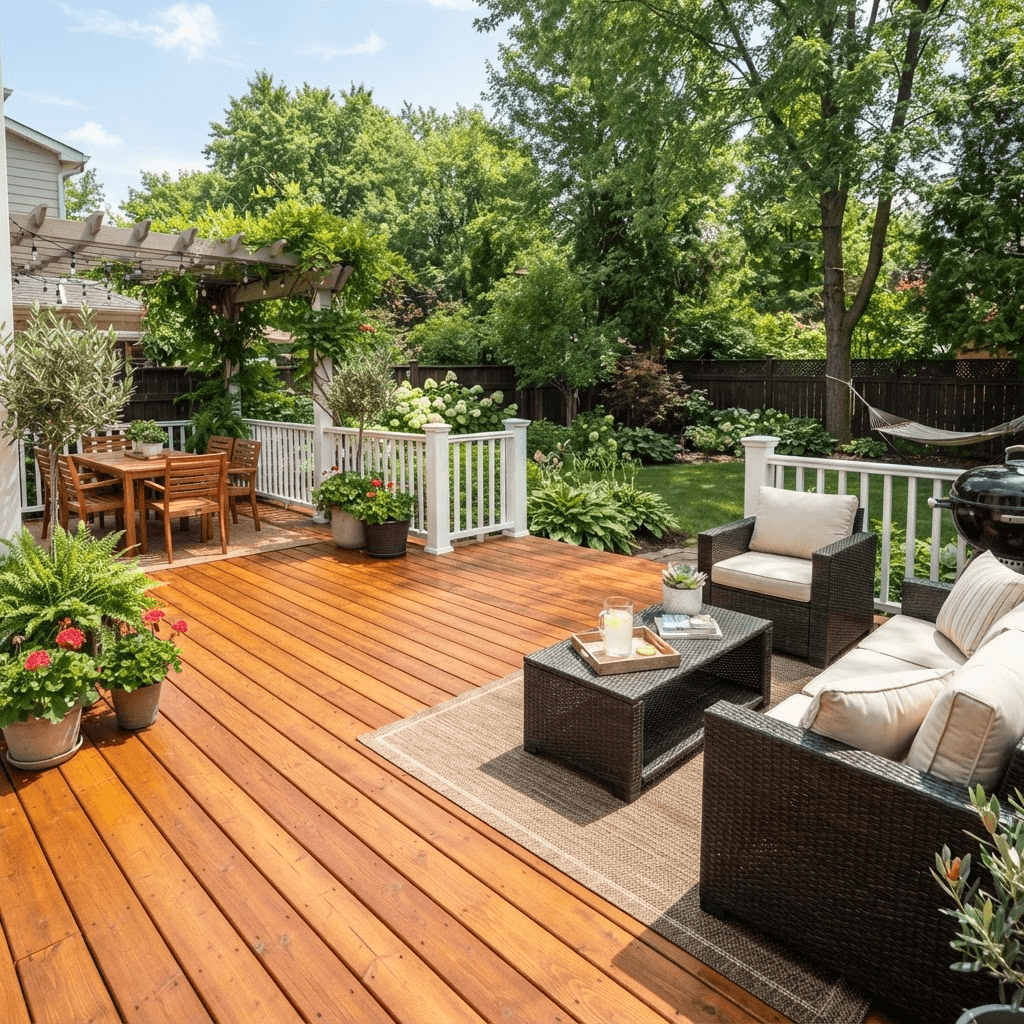 A freshly power-washed and stained wood deck with a rich warm finish in a sunny backyard