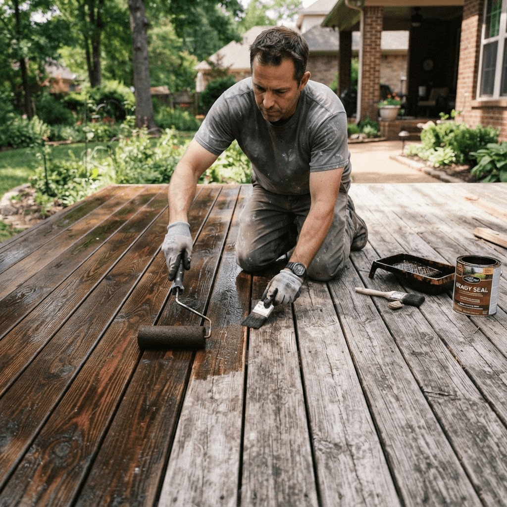 A worker applying wood stain to deck boards, half freshly stained and half faded gray