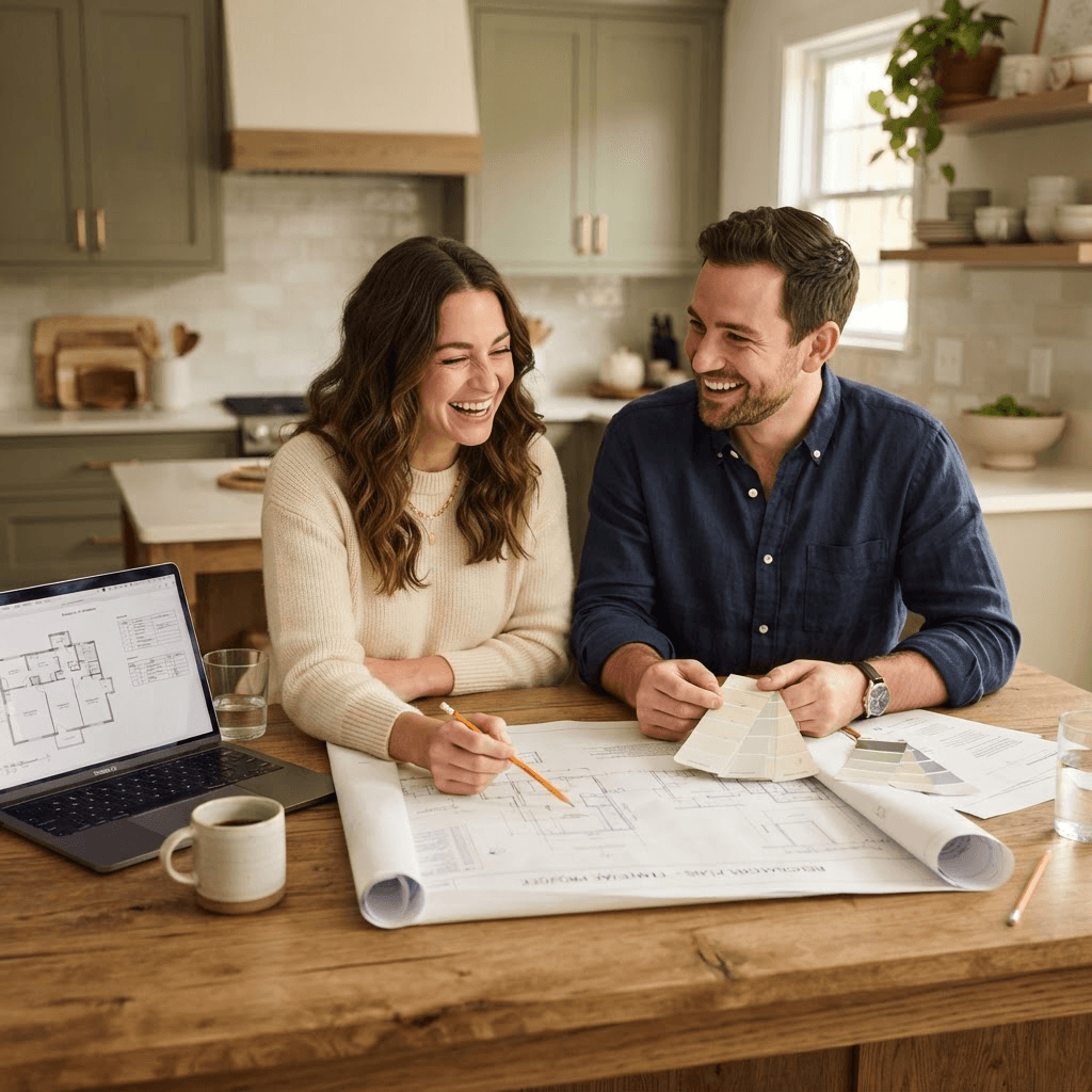 A couple reviewing their home renovation plans and budget together