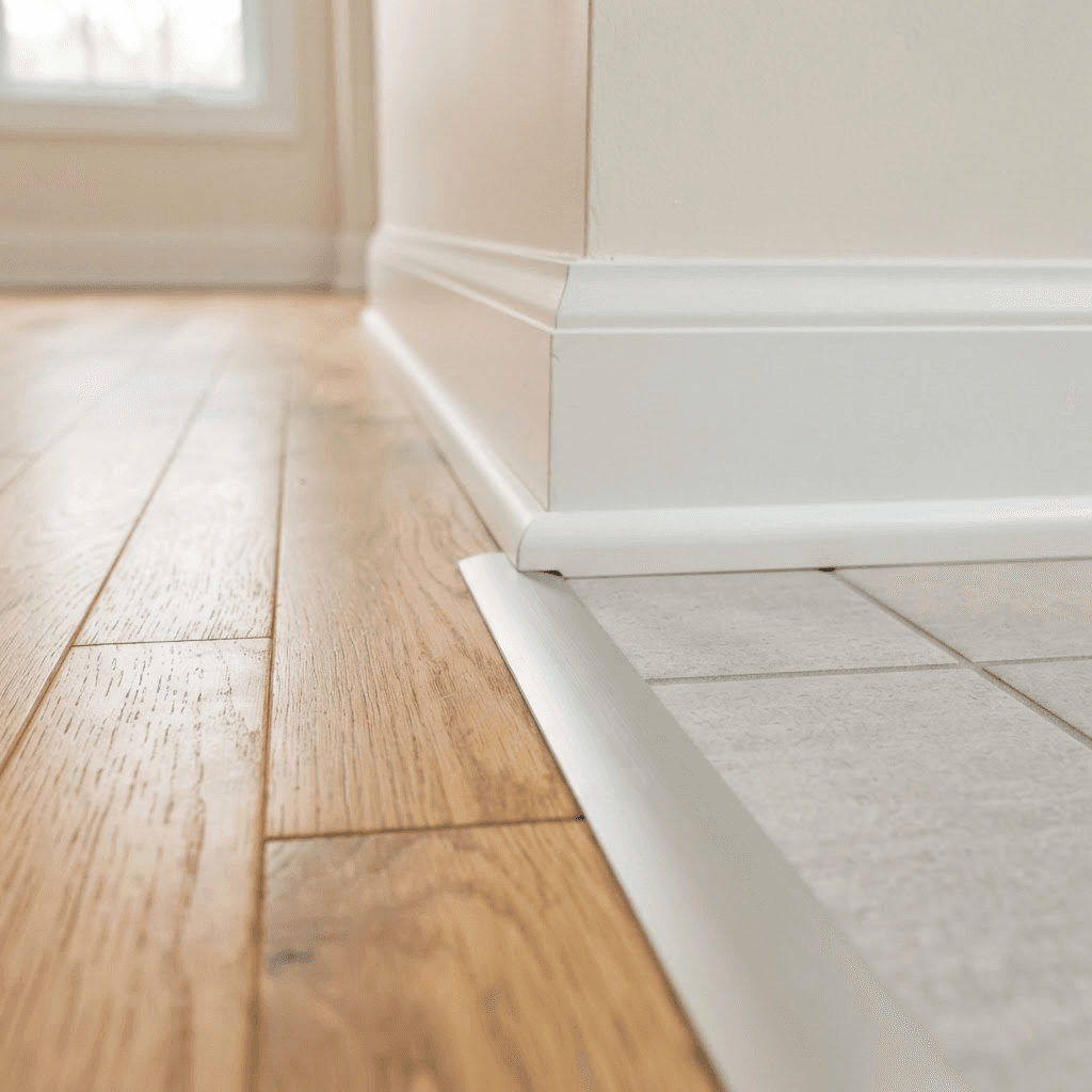 A clean flush transition between hardwood and tile with neat baseboard and quarter-round