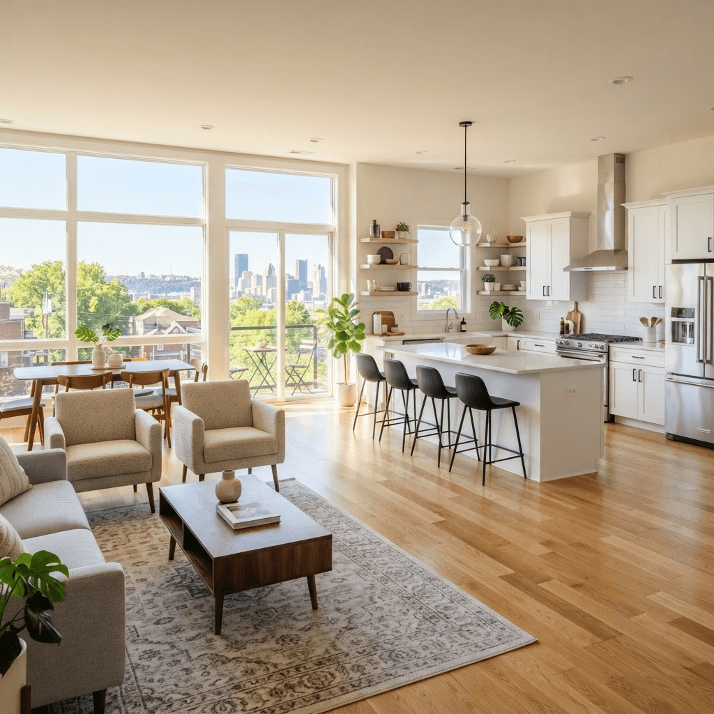 A bright, freshly cleaned Pittsburgh living room and kitchen with sunlight and spotless floors