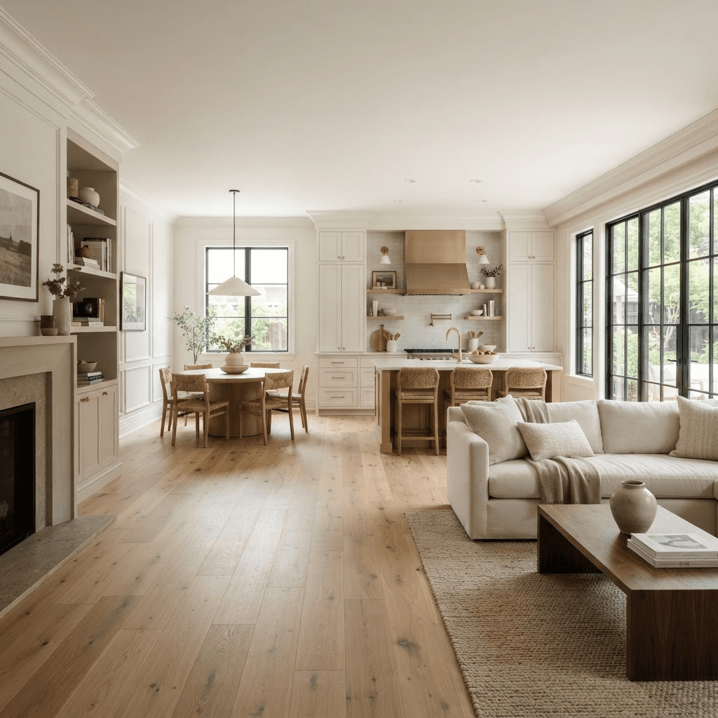 Seamless open-concept living, dining, and kitchen space after a whole-home renovation