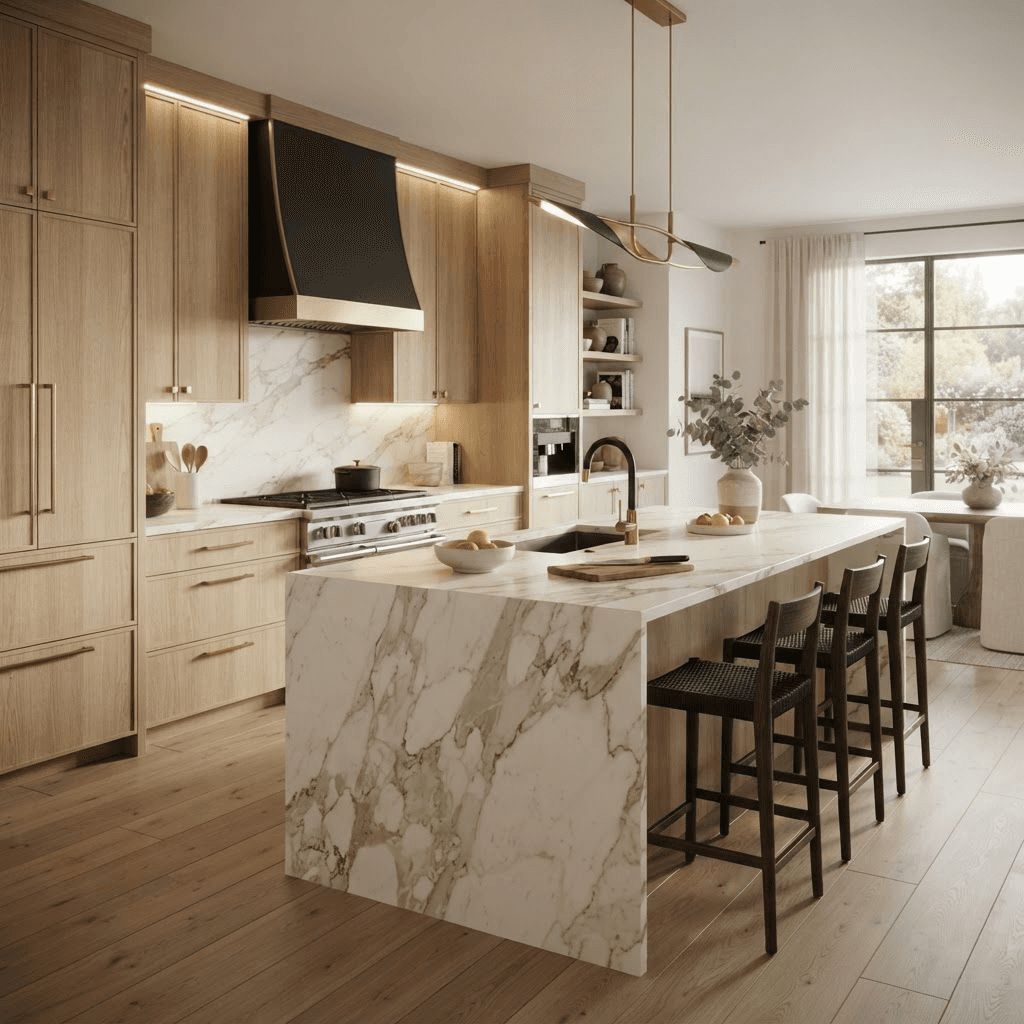 A luxury remodeled kitchen with white oak cabinetry and a marble island