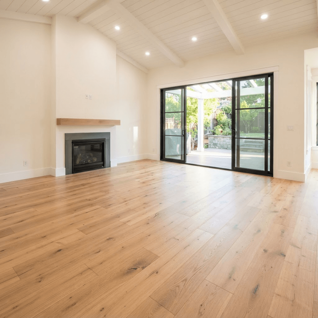 A bright living room with a freshly installed wide-plank white oak hardwood floor