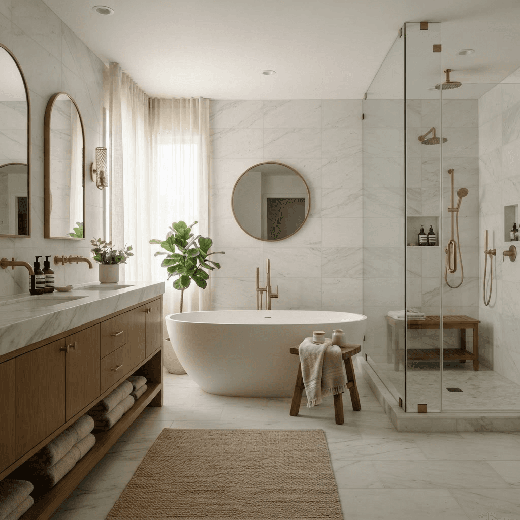 A spa-like remodeled bathroom with a freestanding tub and marble tile